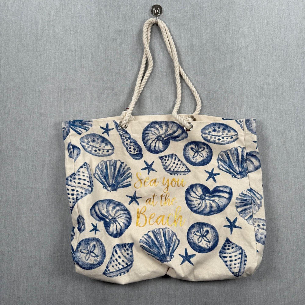 Sea You At The Beach Canvas Tote Bag Blue Seashell Print Rope Handle Cream Large